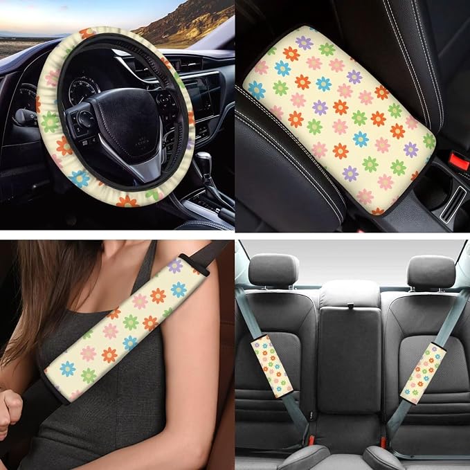 Vintage Groovy Rainbow Flower Car Seat Covers Full Set,Floral Cute Steering Wheel Cover Universal 15Inch,Armrest Pad Key,Seatbelt Pad,Coasters,12Pcs Aesthetic Hippie Car Interior Set for Women