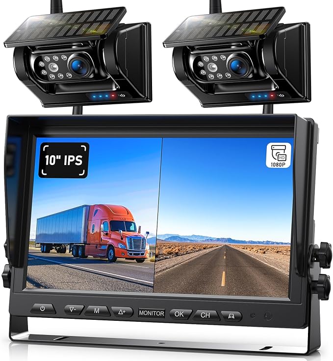 Magnetic Solar Wireless Backup Camera HD 1080P 10" DVR Monitor, Dual RV Cameras Wireless System for Hitch Towing Travel RV Camper 5th Wheel, Built-in 9600mAh Battery & Solar Panel, ZEROXCLUB BD102