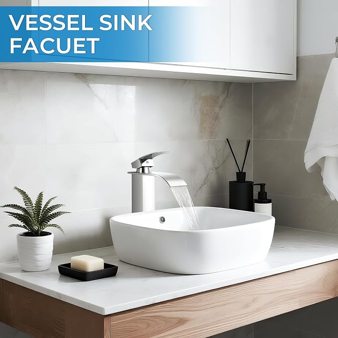 Chrome Bathroom Faucets, Tall Waterfall Bathroom Sink Faucet Modern Single Handle Bathroom Faucte 1 Hole, Tall Spout Vessel Faucet Mixer Tap Washbasin Faucet with Pop-up Drain, Supply Hoses