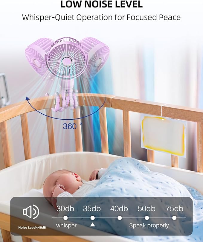 buywoo Portable Stroller Mini Fan, Small Rechargeable Personal Cooler w/ 360° Rotation, 3-Speed, Battery Powered Stroller Accessories, Baby Essentials for Car Seat, Crib, Bike, Treadmill, Plum