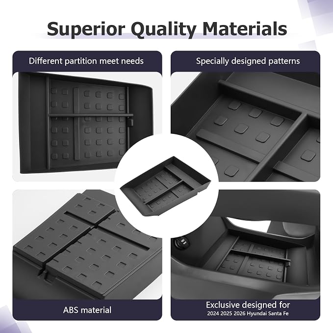 LUWU Lower Center Console Tray Storage Box for 2024 2025 2026 Hyundai Santa Fe SE/SEL/XRT/Limited/Calligraphy Accessories Armrest Console Organizer TPE Material 2025 2026 Santa Fe Accessories Black