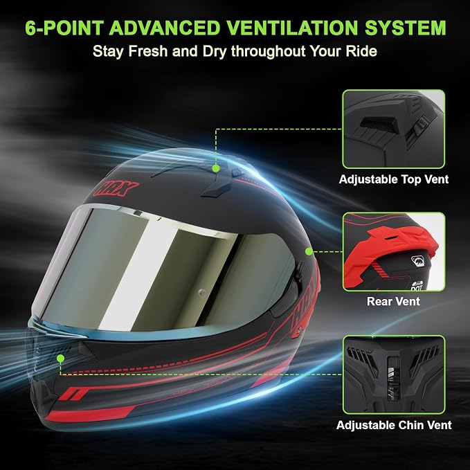 HAX Obsidian Dual Visor Full Face Motorcycle Helmet DOT/ECE 22.06 Approved, Pinlock & Bluetooth Ready, Aerodynamic Spoiler for Powersports Street Bike Racing, Unisex Adult (Matte Black Red, M)