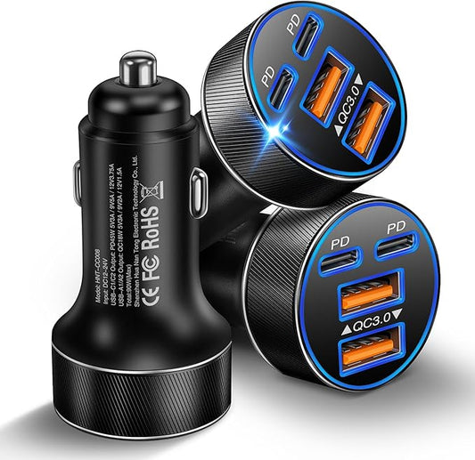 Canjoy 90W Car Charger USB C, 4-Port Super Fast Charging Cigarette Lighter Plug, Dual 45W USB-C & USB-A Car Charger Power Adapter for iPhone 17 16 15 14 13 12, iPad, Galaxy, Tablet, Android (3 Pack)