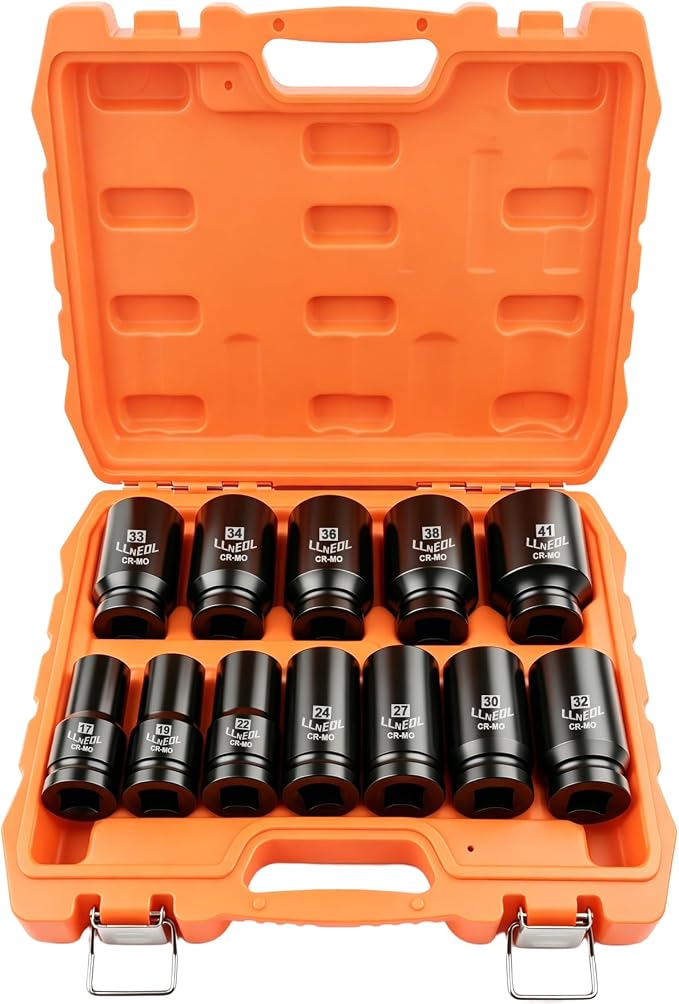 LLNEDL 3/4 Inch Drive Socket Set, 12Pcs Impact Deep/Jumbo Sockets, Metric 17mm to 41mm, 6-Point CR-MO Heavy-Duty Big Socket Set for Large Vehicle & Equipment Maintenance