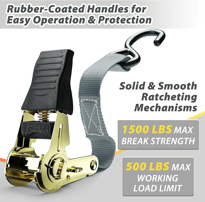 Ohuhu Ratchet Tie Down Strap 15 Ft - 500 lbs Load Cap with 1500 lbs Breaking Limit, Ratchet Tie Downs Logistic Cargo Straps for Moving Appliances, Motorcycle (Grey, 8-Pack)