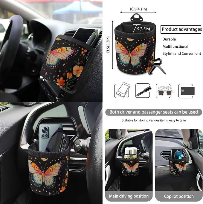 Flower Butterfly Moon Car Seat Cover Full Set 15 PCS, with Steering Wheel Cover Seat Belt Pad Garbage Bag Air Vent Bag Rearview Mirror Cover Coaster Key Chain Universal Fit for SUV