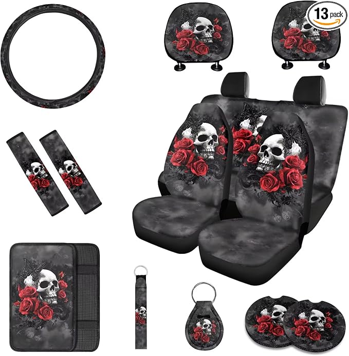 Red Rose Flowers Skull Universal 13 Pieces Auto Accessories Set, Seat Covers Full Set/Seatbelt Pads/Steering Wheel Covers/Coasters/Keyrings,for Most Cars Trucks Suvs