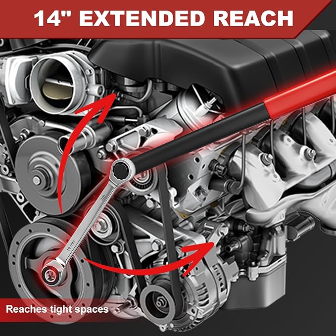 Universal Ratcheting Serpentine Belt Tool Set, 15-Piece Professional Belt Tensioner Tool Kit with Ratcheting Wrench, Crowfoot Wrenches and Sockets