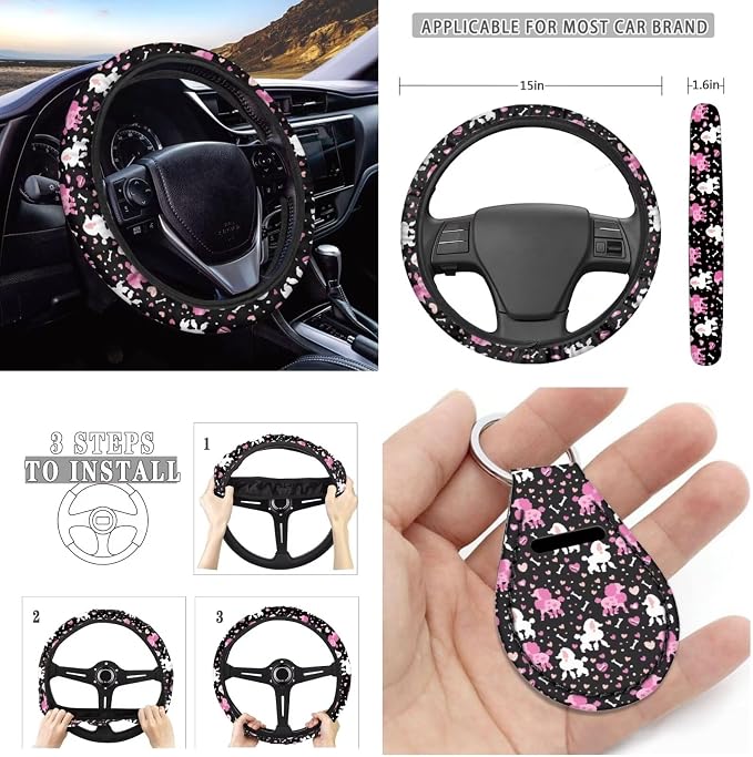 Pink Poodle Dog Car Seat Covers 12 Pack Set Universal Fit Auto Steering Wheel Cover Seat Belt Keys RingAbsorbent Cup Holder Pads for SUV Truck Vehicle Interior Set Dog Lover Car Accessory
