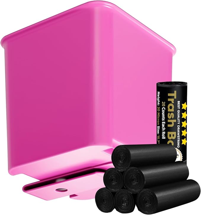 Pink Car Trash Can plus Trash bag bundle – Waterproof, w/Floor Mat Clip, Leakproof Build, Portable – Includes 1 Roll Inside + 6 Extra Roll (140pcs Total) – Black, Large – For Cars, SUV, &
