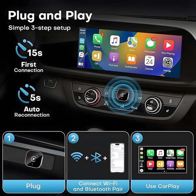 USB C Wireless CarPlay & Android Auto Adapter, Wired to Wireless Dongle | Plug & Play Compatible with iPhone & Android Smartphones.