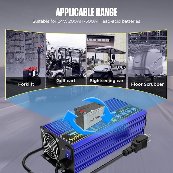 24V 30A Smart Fast Battery Charger – Fully Automatic Heavy-Duty Charger for Golf Cart, Forklift, Floor Scrubber | 200AH-300AH Lead-Acid Batteries with Cooling Fan & Overheat Protection