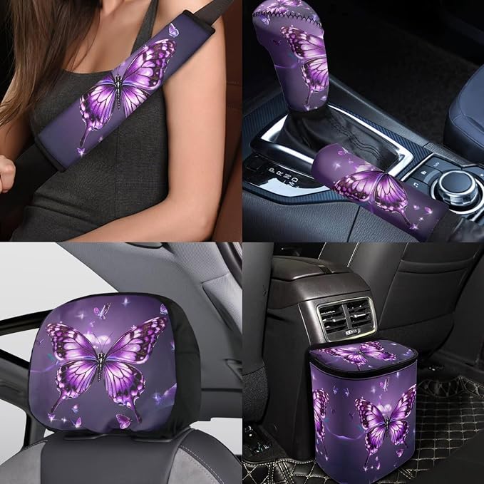 BIGCARJOB Purple Butterfly Car Seat Cover Full Set 15 Pieces Butterfly Print Car Interior Accessories Set with Universal Steering Wheel Cover Car Trash Can Hanging Seat Headrest Covers for Womens