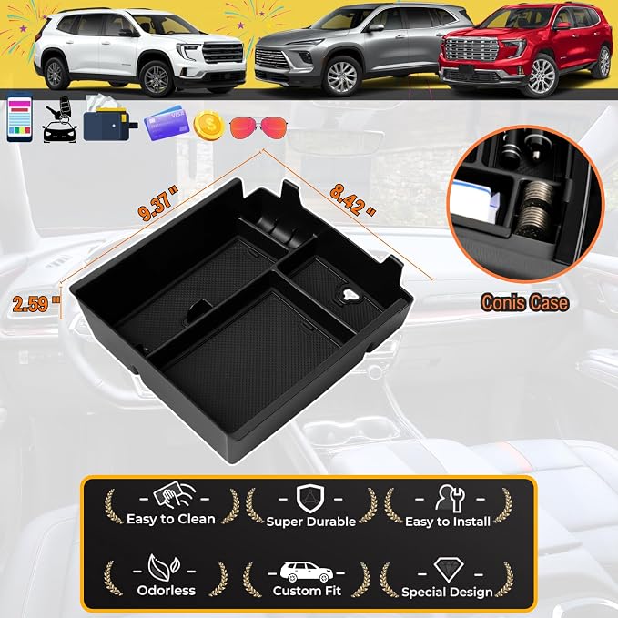 Center Console Organizer Tray for 2026 2025 2024 Chevy Traverse/GMC Acadia/Buick Enclave Interior Accessories - Middle Center Console Armrest Storage Coin Box - ABS Plastic, Black