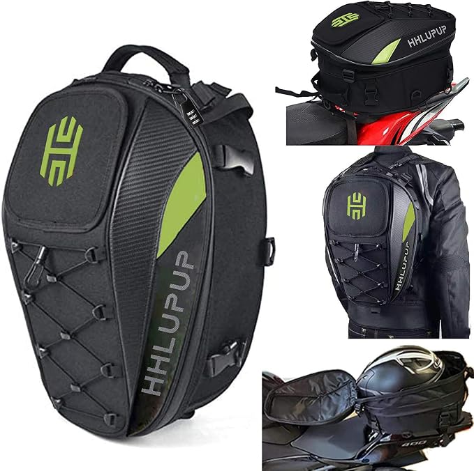 Motorcycle Tail Bag with Password Lock 25L- 38L Convertible Helmet Backpack, Waterproof Luggage Bags for Dirt Bike and Road Trip Riders Green