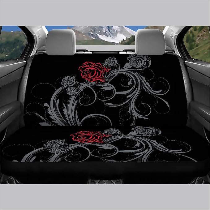 Ystardream Goth Rose Automotive Seat Covers for Women Men Dark Style Front and Rear Bench Back Seat Cover Set with Steering Wheel Cover/Seat Belt Cover Universal Protector Covers