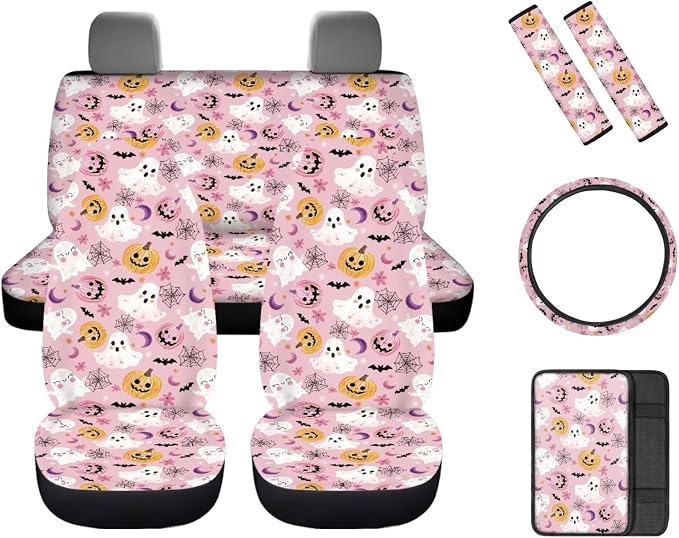 Cute Pink Halloween Print Car Seat Covers Full Set with Auto Steering Wheel Cover Auto Center Console Pad Seat Belt Covers Universal Fit SUV Truck Cars Halloween Decoratoions Gifts