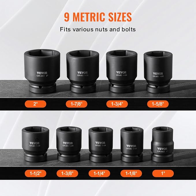 VEVOR Axle Nut Impact Socket Set - 1" Drive 6-Point 9-Piece SAE Spindle Nut Socket CR-MO Heat Treated Large Socket Set with Storage Case for Auto Repair, Removing or Installing Axle Nuts
