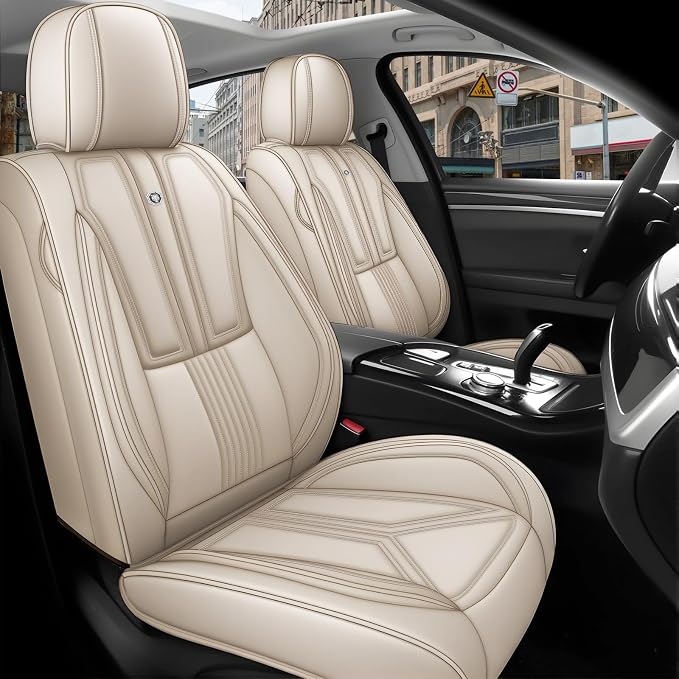 Arazi Fit for 98% of Mazda Seat Covers, 360° Full Wrap Original Seat Cover, Waterproof Nappa Leather Seat Covers with Big Space Storage Pocket Seat Protector（5 Seats Standard, Beige）