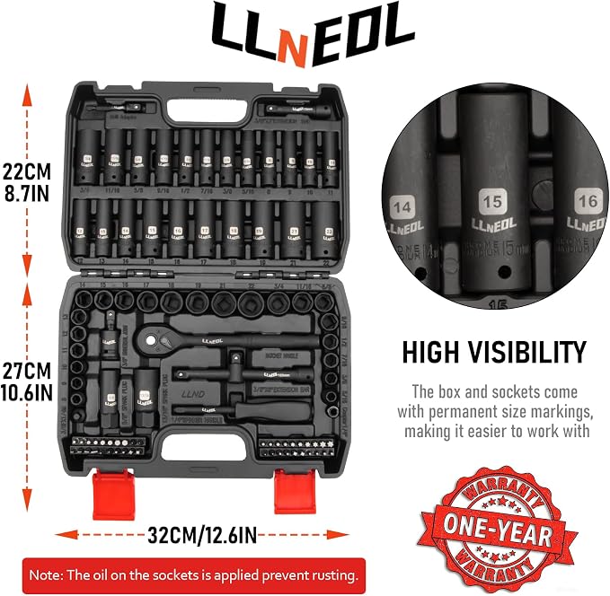 LLNEDL Impact Socket Set 3/8 Drive,95Pcs Deep&Shallow Socket Wrench Set,6 Point Metric&Standard Full |5/16"-3/4",8-22mm| with Spark Plug Sockets,72T Ratchet Handle, Screwdrivers for Automotive&Home