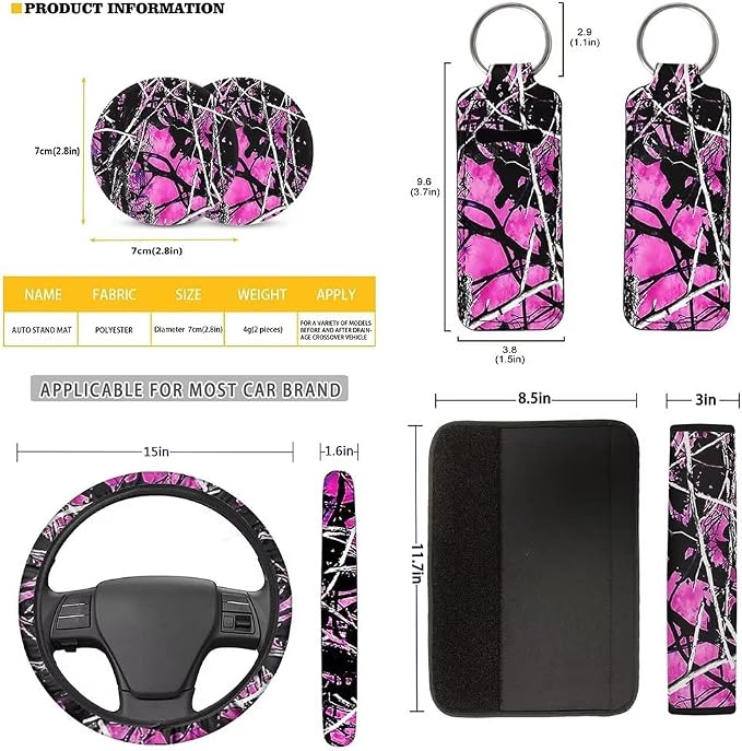 12 Pc Purple Camo Oak Hunting Print Car Seat Covers Full Set Universal Auto Protector with Steering Wheel Covers/Seat Belt Pads/Key Chain/Coaster/Lipstick Holder for Most Cars Truck Suvs