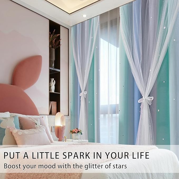 XiDi Girls Curtains for Bedroom 96 Inches Long 2 Panels Blue Green Grey Ombre Rainbow Blackout Grommet Curtains for Little Girl Kids Room Decor Living Room, Princess Unicorn Wall Decals Drapes 52x96