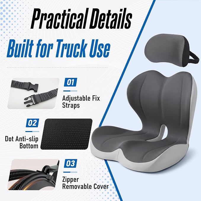 Truck Seat Cushion and Headrest Set for Long Driving - Memory Foam Car Seat Driver Cushion for Tailbone, Back & Sciatica Pain Relief, Ergonomic Lumbar Support for Semi Truck - Drak Gray