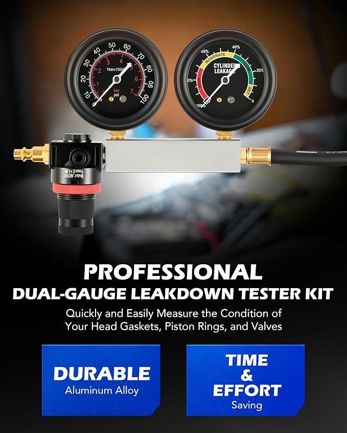 Orion Motor Tech Cylinder Leak Down Tester Kit, Dual-Gauge Automotive Engine Leakage Tester for Petrol Engines, Adjustable Leakdown Diagnostic Detector Tool Kit with Spark Plug Tester Adapters