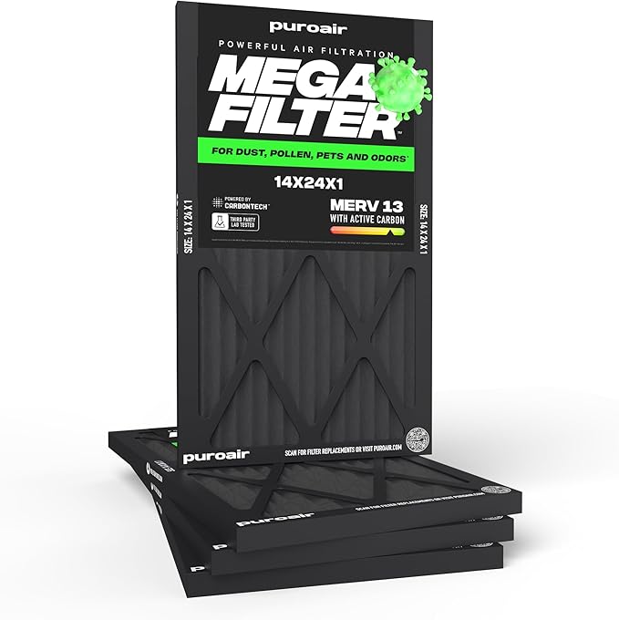 PuroAir MegaFilter - 14x24x1 Air Filter MERV 13 Activated CarbonTech Defense - Heavy Duty 3 Layer Furnace Filters Allergens, Pollen, Dust, Pet Dander, Smoke, Odors - HVAC Air Filter 14x24x1 (4-Pack)