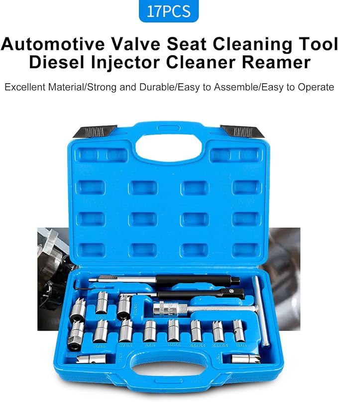 HXBER Auto Repair Tools Car Accessories,17Pcs Injector Set Seat Cutter Cleaner Disassemble Tool Kit Universal Injector Re-Face Reamer Tool Set Valve Seat Cutter Flat Reamer Repair Removal Tool