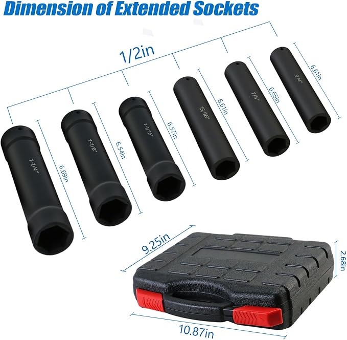 1/2 Inch Drive Extended Length Impact Socket Set - Ryansunoro 1/2 Impact Socket Set with 6 Sizes 3/4", 7/8", 15/16", 1-1/16”, 1-1/8", 1-1/4" Extra Deep Socket Set Kit, Mechanical Equipment Maintenance