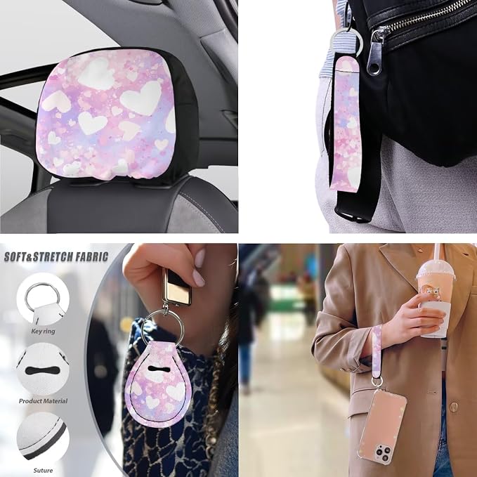 13 Pcs Love Heart Car Seat Cover, Pink Heart Shape Universal Fit Car Front Rear Seat Covers, Romantic Couple Automotive Cup Holder Coaster Seat Belt Covers