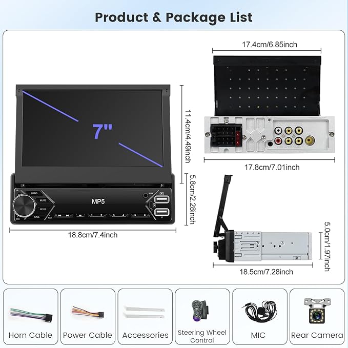 [Stable AM Radio] Hikity 7'' Single Din Car Stereo Carplay Android Auto, 7in Flip Out Touch Screen Car Radio Bluetooth Car Audio Receiver, SWC/Mirror Link, FM/EQ, Dual USB/Type-C, Free Backup Cam+Mic