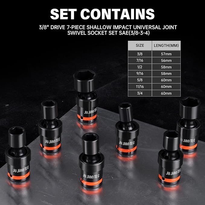 7-Piece 3/8" Drive Shallow Impact Universal Joint Swivel Socket Set, SAE(3/8”-3/4”), Flexible Wobble, CR-MO Steel, with Heavy-Duty Storage Case