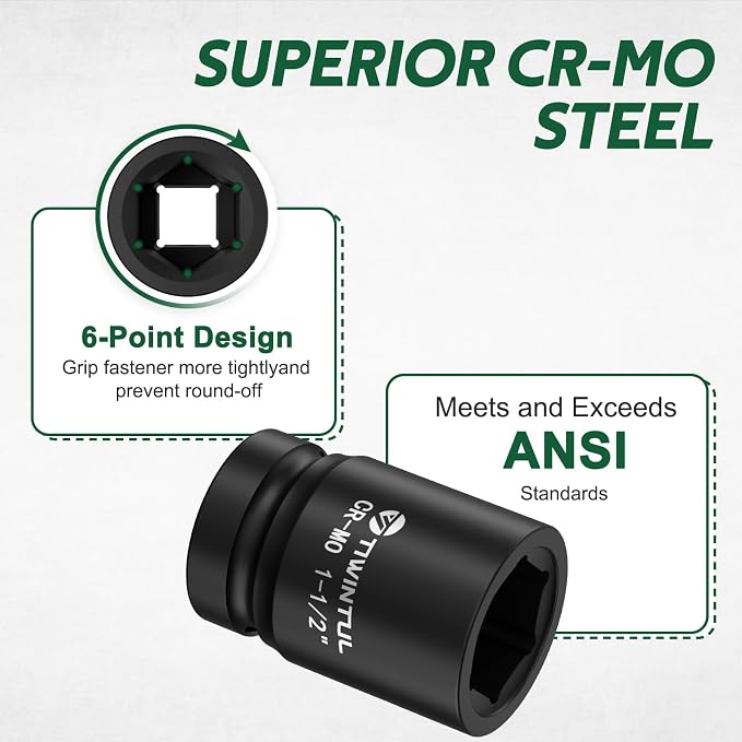1-1/2" Impact Socket 1" Drive, 6 Point Design CR-MO Axle Nut Socket ANSI Certified Heavy Duty Socket 1 Inch Drive for Truck Wheel Hub Trailer Construction & Industrial Equipment