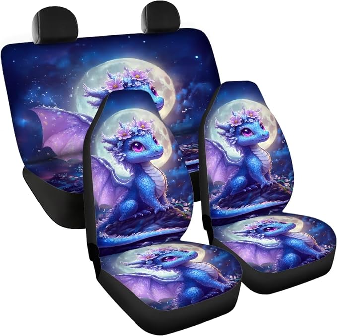 Dragon Car Seat Cover Set, 4 Front Rear Split Bench Seat Cushion, 1 Steering Wheel Wrap, 2 Gear Lever Cover Hand Brake Cover and 2 Seatbelt Pad Wrap, 2 Cup Holder Coaster, 11 Piece