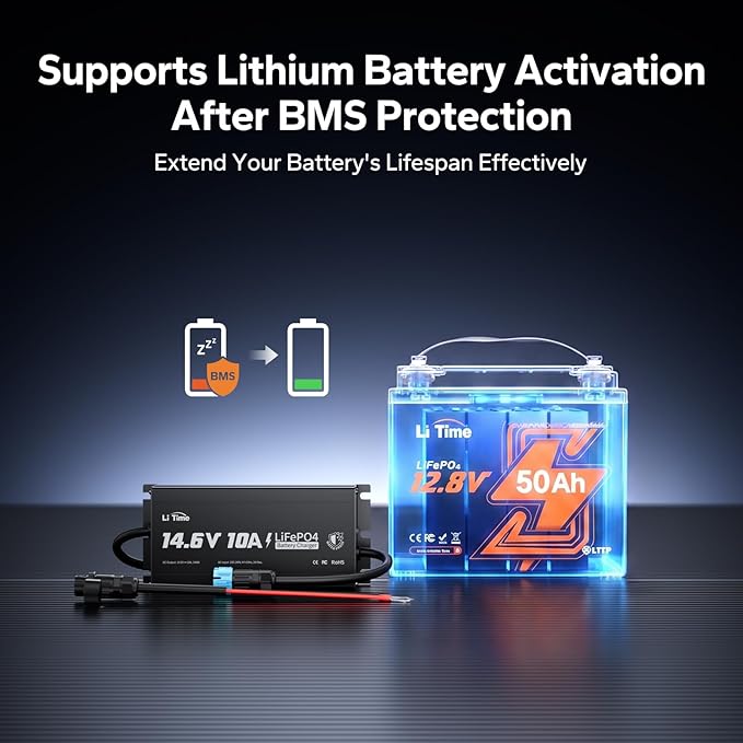 LiTime IP65 Waterproof 14.6V 10A LiFePO4 Onboard Charger, Fast Charging, 4 Safety Protections, Better Charging Performance, Extend Lithium Batteries Life, with LED Indicator, Outdoor & Marine Use