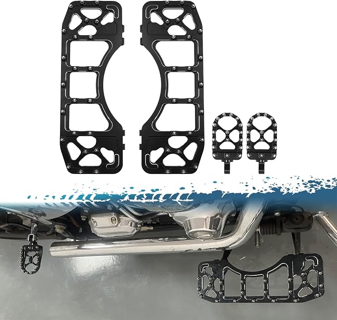 Motorcycle Floorboards Set Driver Front Footboards and Rear Passenger Foot Pegs Kit Offroad MX Style Compatible with Harley Touring Models (Black Large and Basic Set)