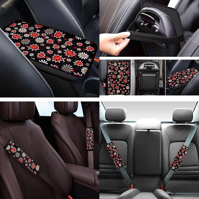 Cute Ladybug 12 Pcs Car Seat Covers with Steering Wheel Cover,Seat Belt Covers Cup Holder Keychain Holder Elastic Fabrics Universal Fit for Most Cars,SUVs