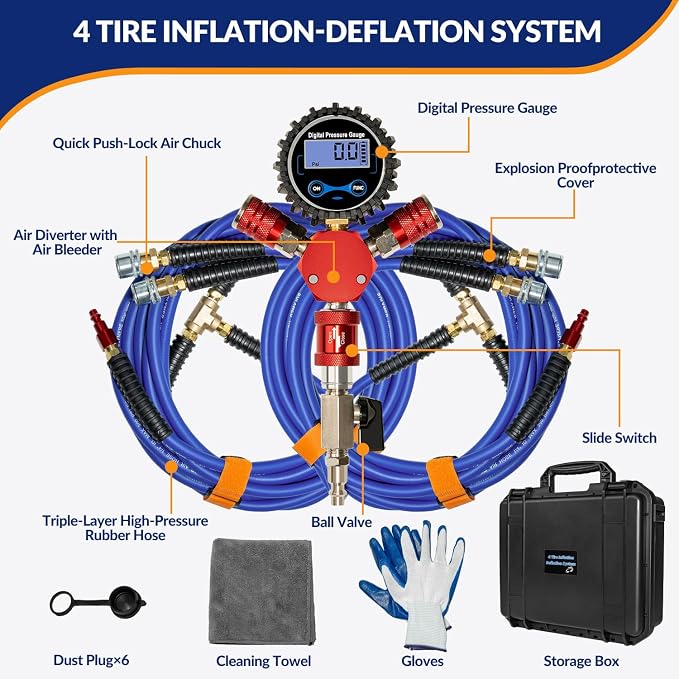 MILADO 4 Tire Inflation System, 4 Way Tire Inflator Deflator with Hard-Shell Storage Case, Off Road Tire Inflator with Gauge, Air Down Tire Deflators Kit for Trucks Jeeps Fits Up to 155" Wheelbase