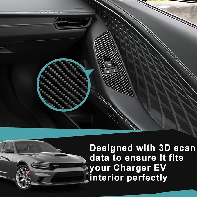 BestEvMod 3PCS Interior Decoration Trim Set of 3 Window Lift Switch Panel Cover & Steering Wheel Lower Spoke Trim Compatible with Dodge Charger EV 2026 2025 2024 Accessories (Carbon Fiber Pattern)