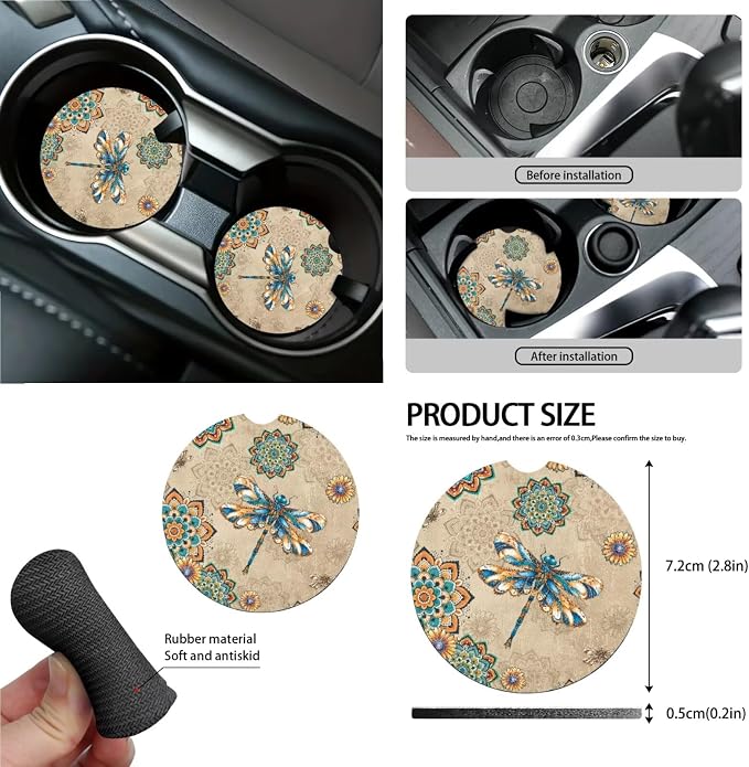 15Pcs Car Seat Cover Full Set Car Steering Wheel Cover Seat Belt Cover Trash Bin Air Vent Storage Box Front Rear View Mirror Car Cup Holder Keychain, Dragonfly Boho Mandala Beige