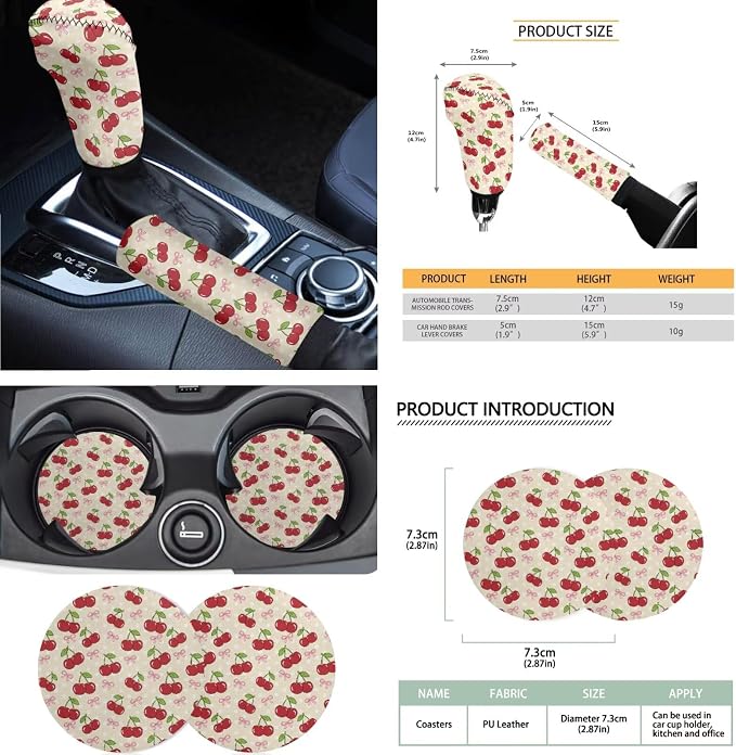 Cherry Print Car Seat Covers Front and Back Full Set with Headrest Covers Steering Wheel Cover Safety Belt Pads Armrest Cushion Cup Coasters for SUV Truck Sedan, Easy to Install