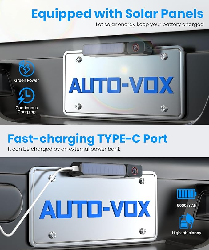 AUTO·VOX 5" Solar Wireless Backup Camera with USB Touch Power Cable, 1080P HD Monitor, No Cigarette Lighter Needed, Portable Power, 5000mAh Battery, IP69K Waterproof for Car Truck SUV