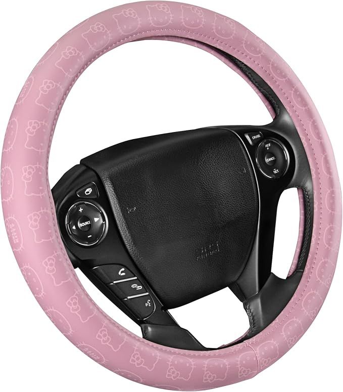 Sanrio Hello Kitty Pink Car Steering Wheel Cover, Universal Fit Cute Car Accessories for Women Stylish Decor Gifts Hello Kitty Accessories - Fits Standard Wheels 14.5"-15"