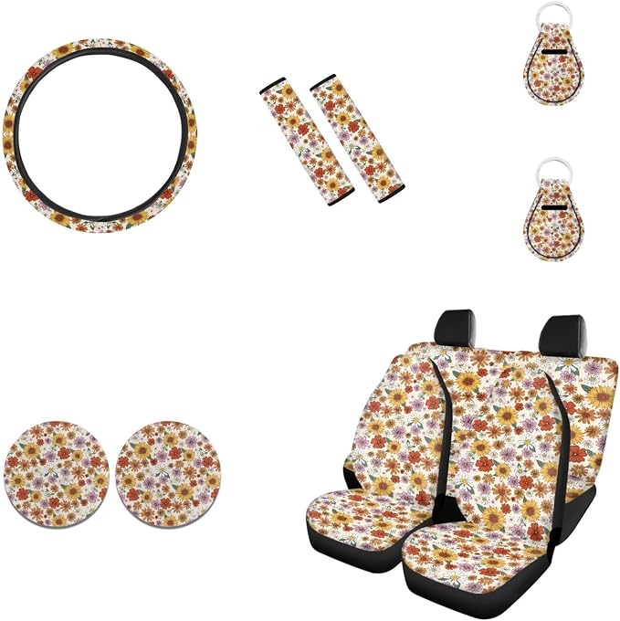 JEOCODY Hippie Flower Car Seat Cover Set with Steering Wheel Cover + Auto Coasters + Keychains + Car Seat Belt Pads Cover Full Set 11 Pack Car Accessories for Women Men Gifts