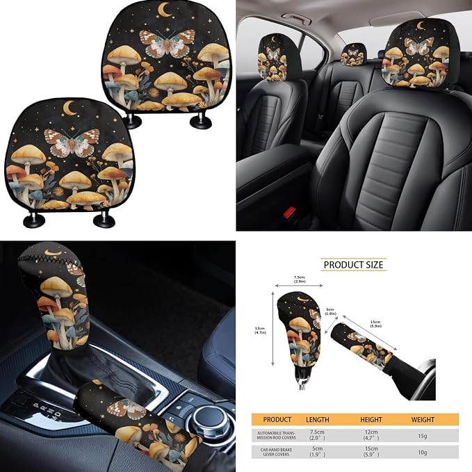 Mushroom Moth Floral Car Seat Covers Full Set 15 Pcs Universal Car Accessories Steering Wheel Cover Seat Belt Pads Garbage Bag Car Headrest Pillow Covers Armrest Pad