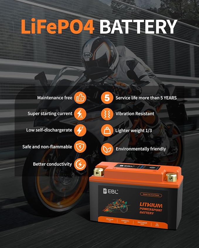 EBL Lithium YT9B-BS, 120CCA Lithium LiFePO4 Motorcycle Battery, 12V 4Ah ATV, UTV, Jet Ski, 4 Wheeler, Quad, Riding Lawn Mower, Tractor, Scooter, PWC, Seadoo, Polaris and Generator Battery.