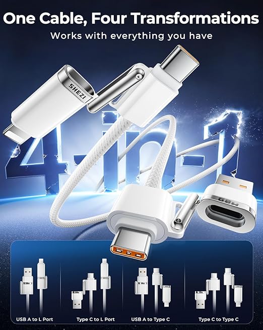 SHEZI 4-in-1 USB C Cable Compatible With Lightning Cable 60W Fast Charging & Data Transfer, Support to CarPlay & Android Auto, 5FT Travel Multi Cord Charger Combo for iPhone/iPad/Samsung/MacBook Cable