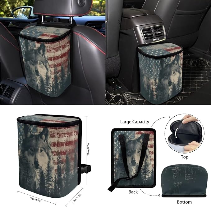 Wolf American Flag Forest Pattern Bucket Seat Rear Split Bench Cover Steering Wheel Cover Car Trash Bin Keychain Coasters Seat Belt Covers 15pcs Car Accessories